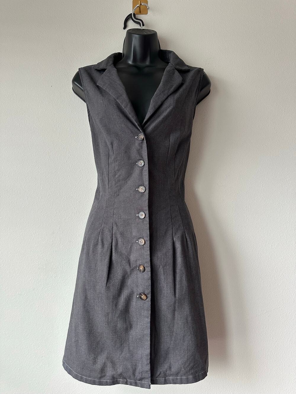 Rihoas Charcoal Gray Linen Blend Sleeveless Shirt Dress Hand Dyed Minimalist L
